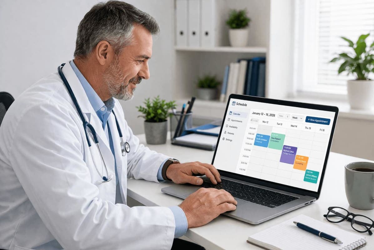 Doctor using appointment reminder software to reduce patient no-shows