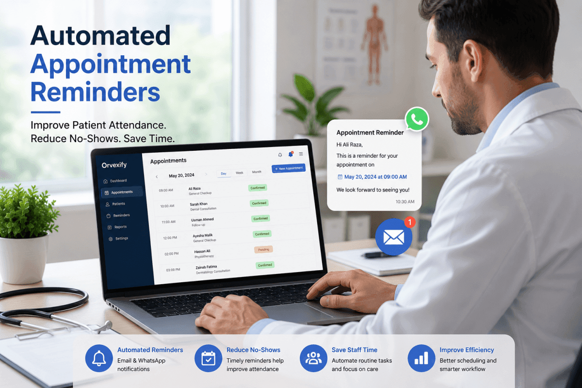 Doctor managing automated appointment reminders on a clinic scheduling dashboard