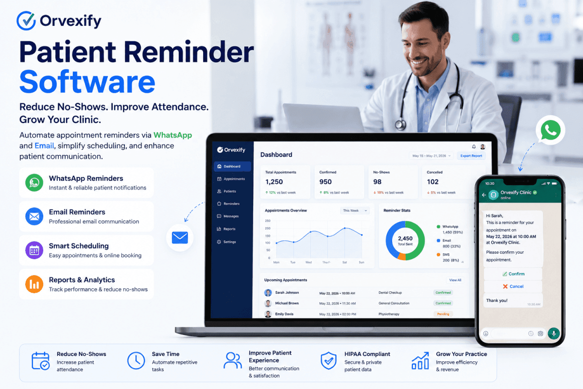 Doctor using patient reminder software dashboard to automate appointment reminders and reduce no-shows in a modern healthcare clinic