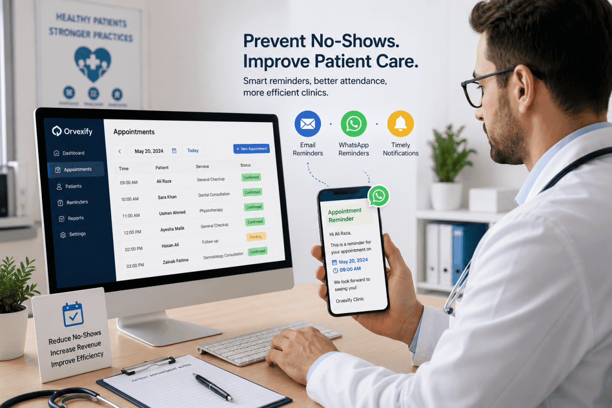 Doctor reviewing patient appointments with automated reminder notifications on a clinic scheduling dashboard