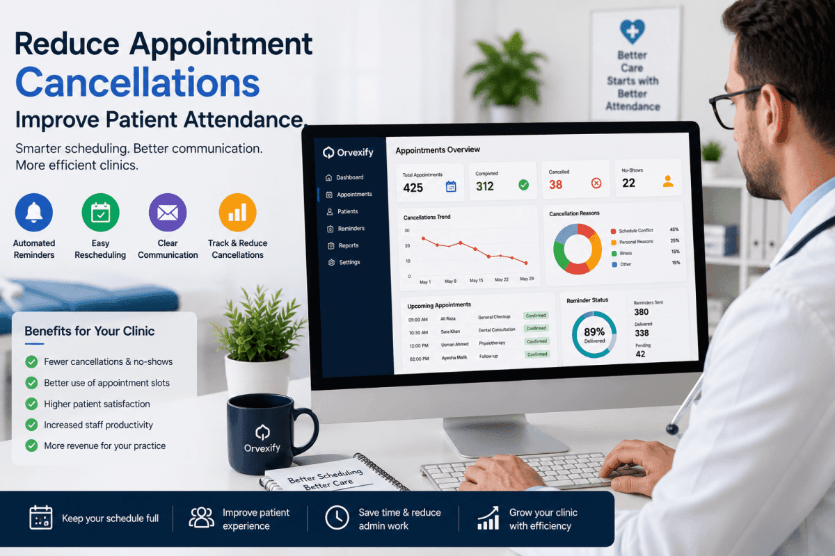 Doctor reviewing appointment cancellations and patient schedule on a digital clinic management dashboard