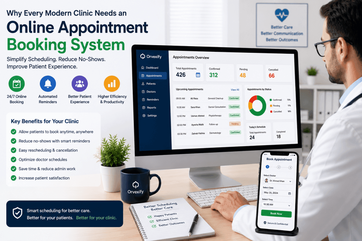 Doctor using an online appointment booking system to manage patient schedules in a modern clinic
