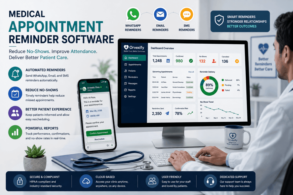 Healthcare professional using appointment reminder software on a modern dashboard with automated patient reminder notifications.