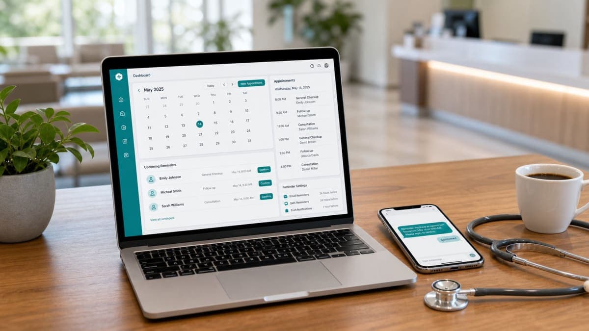 Healthcare professional using appointment reminder software on a modern dashboard with automated patient reminder notifications.