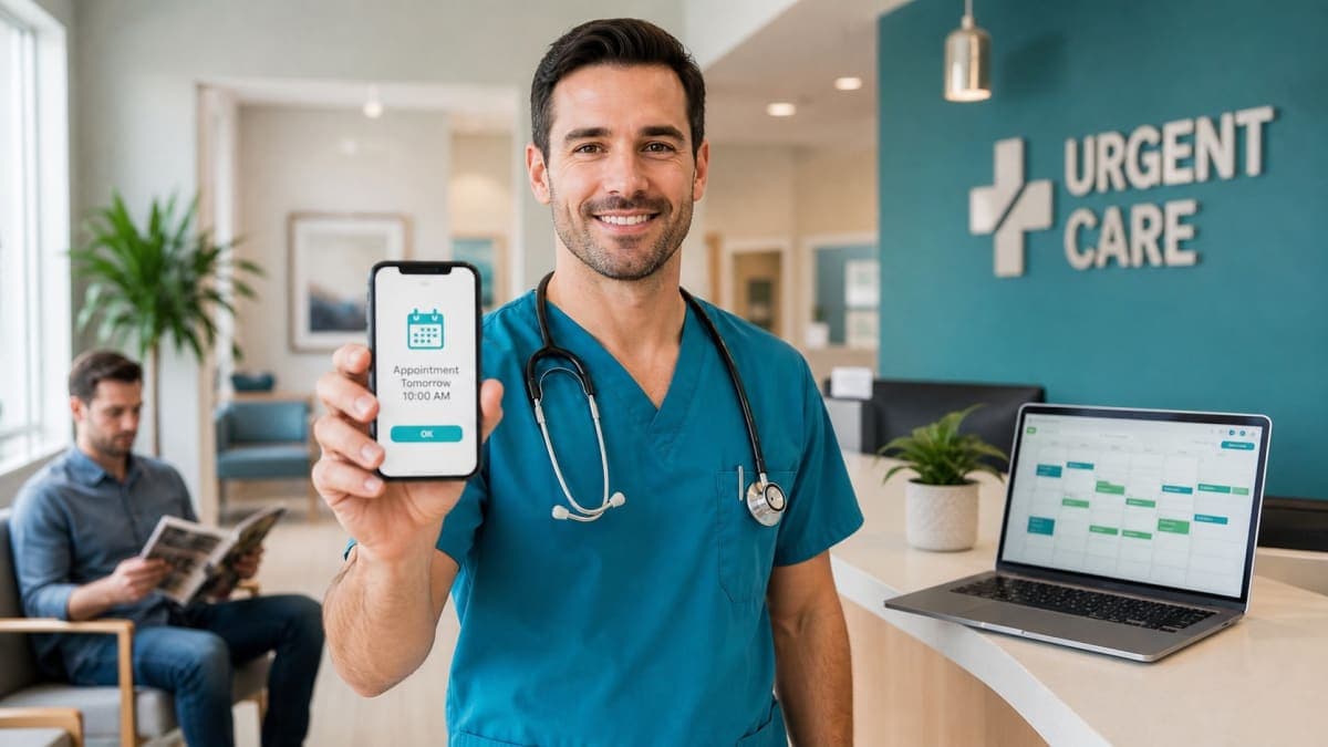 Male doctor using appointment reminder software to reduce no-shows at an urgent care clinic