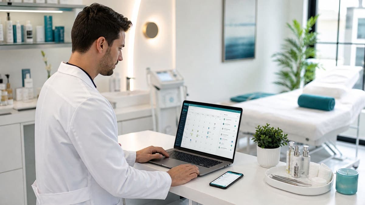 Doctor using appointment reminder software to reduce patient no-shows
