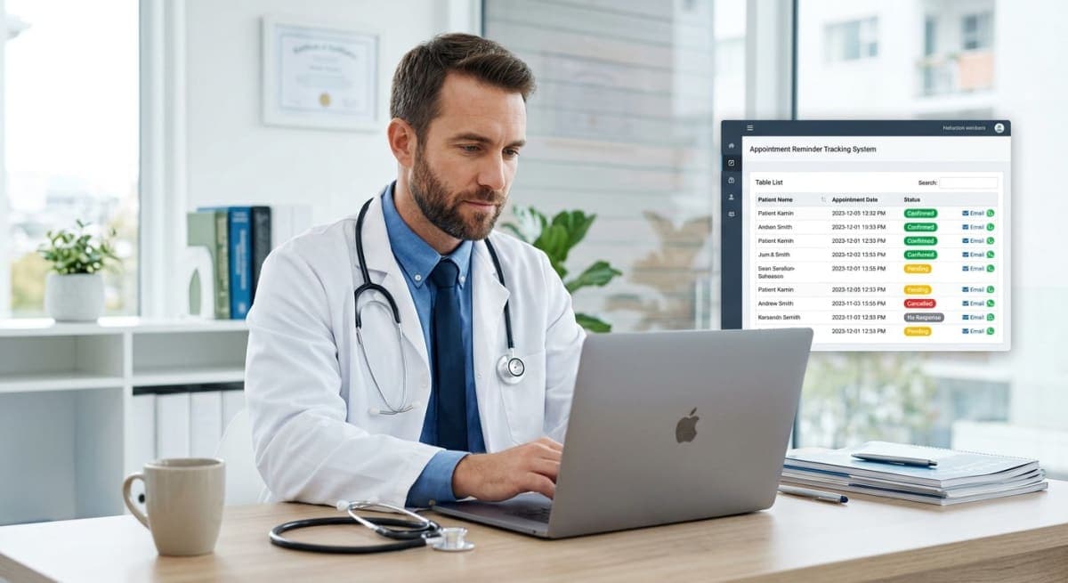 Doctor using Orvexify dashboard on laptop showing Email + WhatsApp reminders with tracking - Confirmed/Pending/Cancelled status.